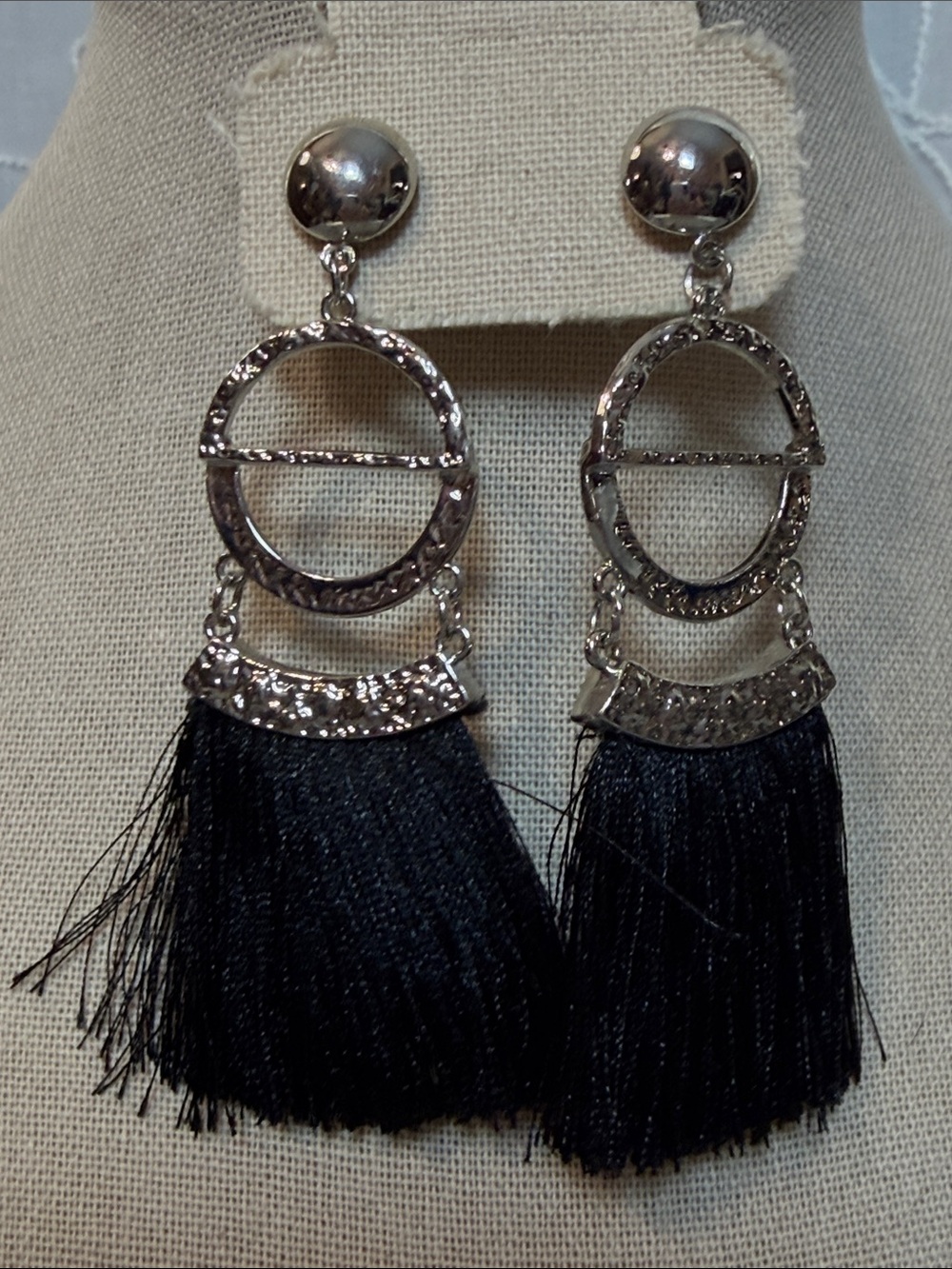 Black Tassel Drop Earrings with Silver Rings